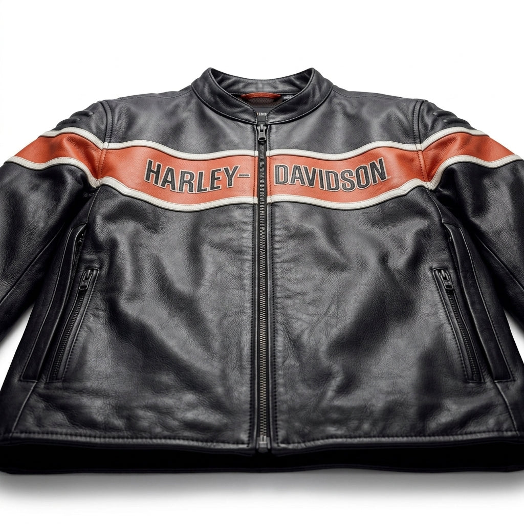 Black leather motorcycle jacket with orange and white stripe details across the chest and the 'Harley-Davidson' logo printed in black on the orange stripe.