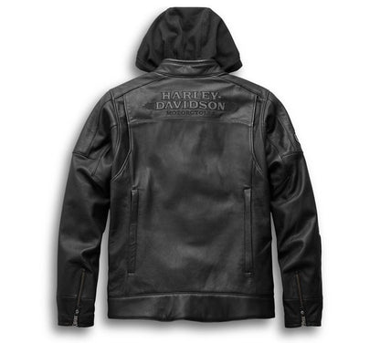 Black leather jacket with Harley Davidson logo on a white background