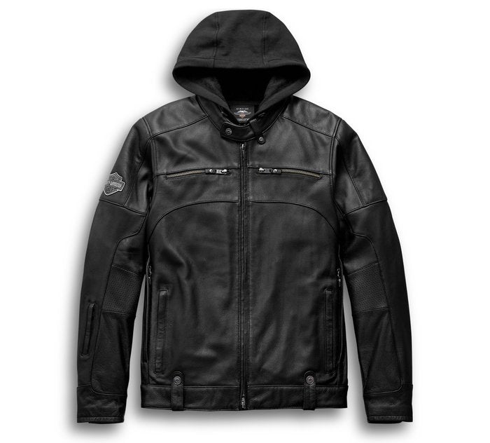 Black leather jacket with a hood on a white background