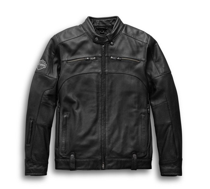 A black leather motorcycle jacket with a stand collar, front zipper, zippered chest pockets, and textured leather panels on the sleeves, shown against a plain white background.