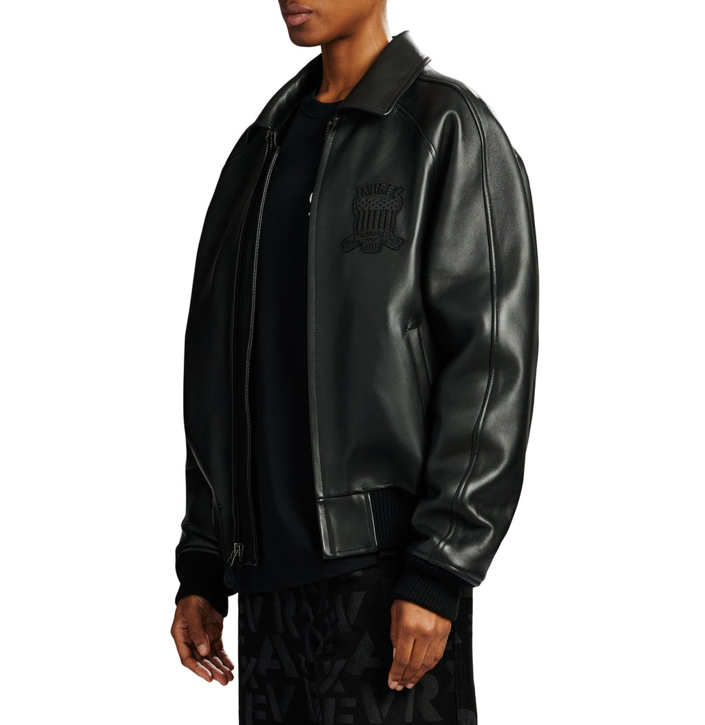 Black leather jacket with a brand logo on a white background