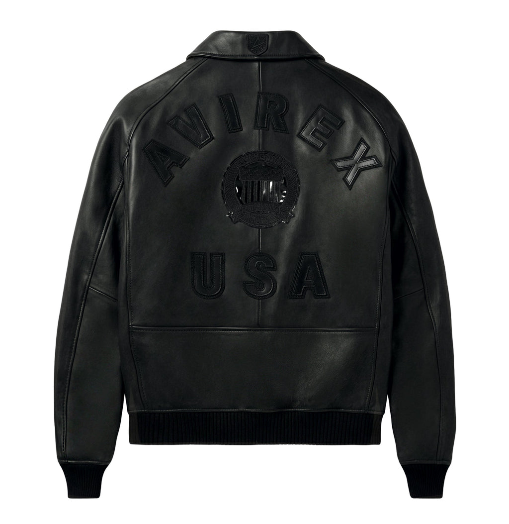 back view of black Avirex Iconic jacket showing oversized back branding