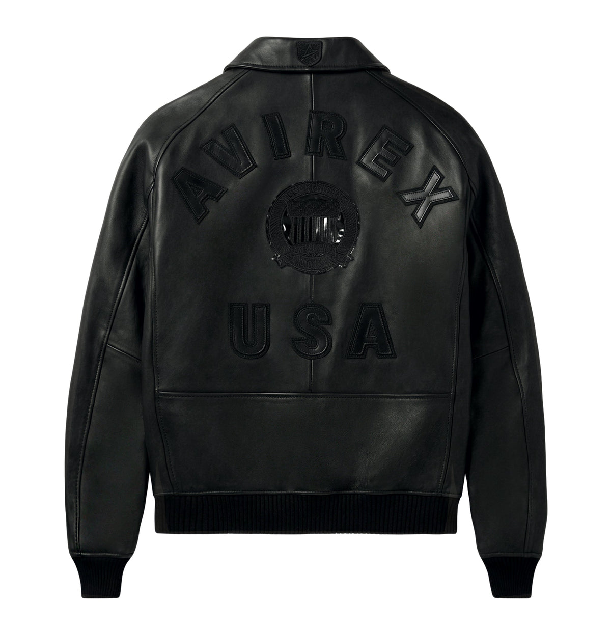 back view of black Avirex Iconic jacket showing oversized back branding