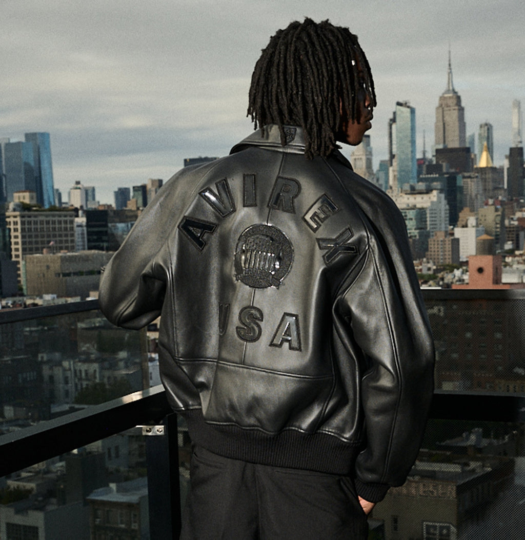 Avirex leather jacket worn in urban setting