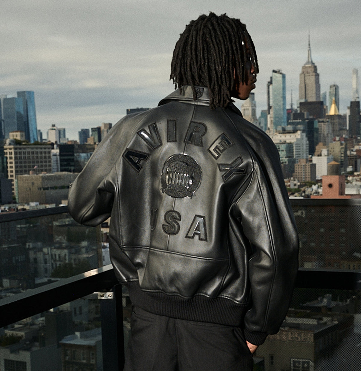 Avirex leather jacket worn in urban setting