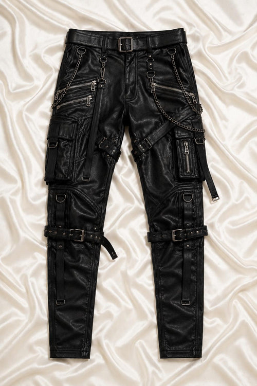 Full front view of black leather cargo pants with belt, pockets and D-rings