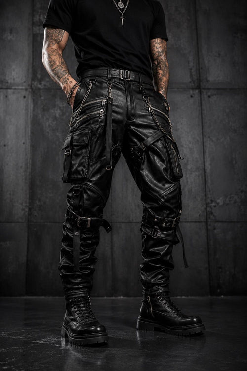Men wearing black sheepskin leather cargo pants with chains and buckle straps