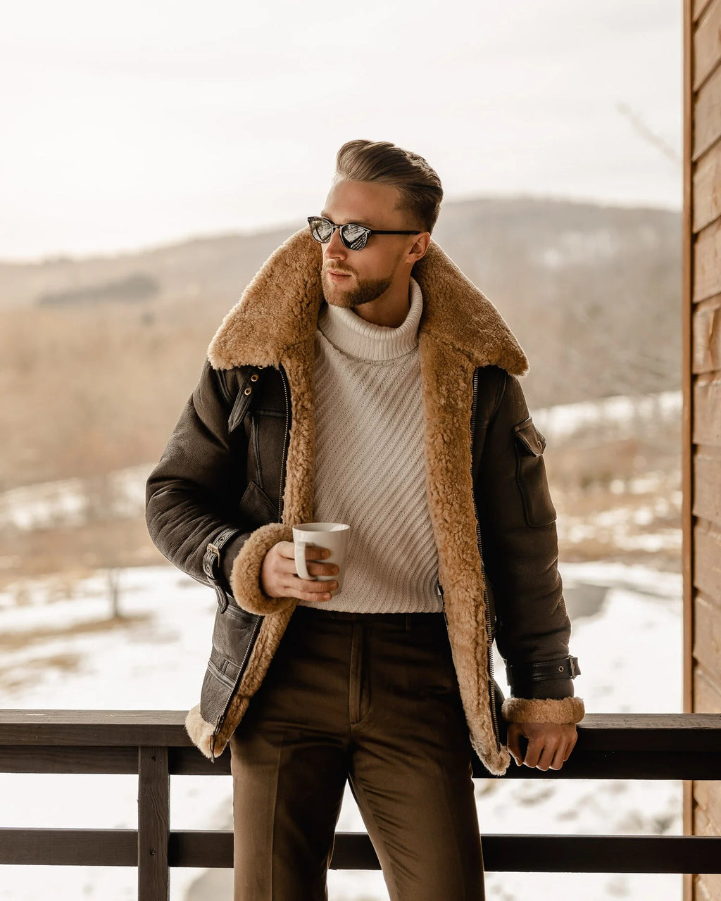 Men's brown flying aviator shearling leather semi-long coat front view with large shearling collar