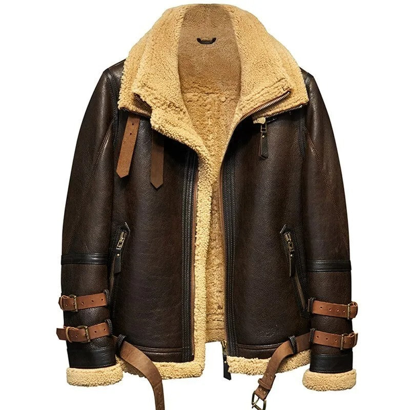 Brown leather jacket with beige shearling lining on a white background
