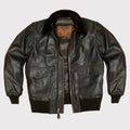 Black leather jacket with a visible brand label on a white background