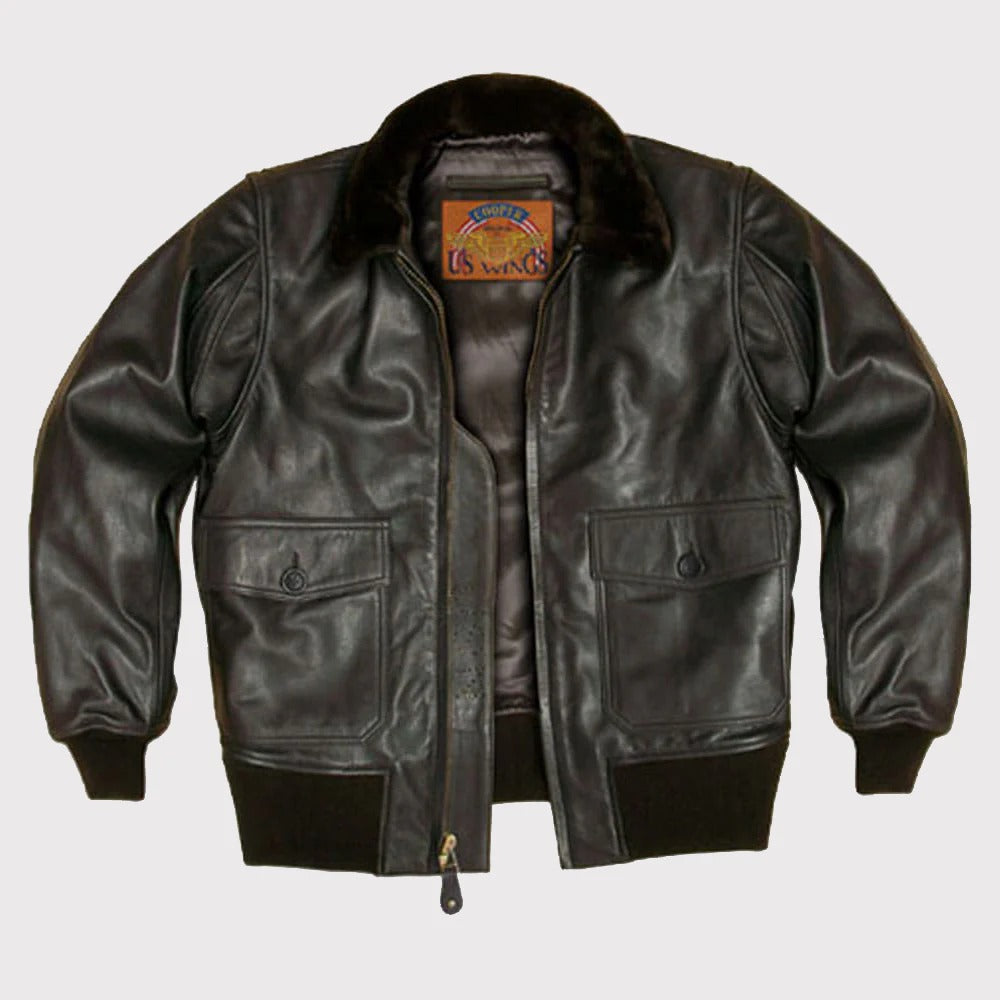 Black leather jacket with a visible brand label on a white background