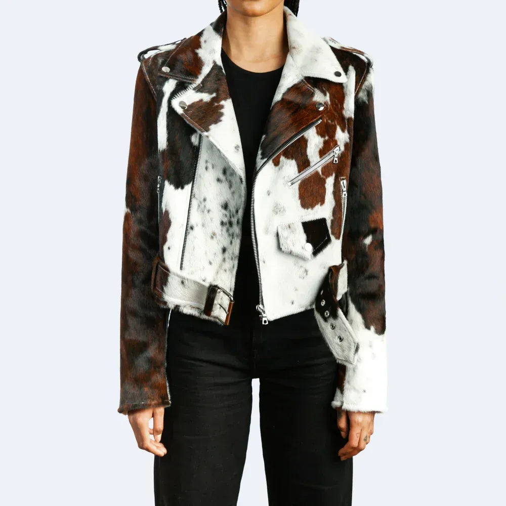 Women Brown and White Cowhide Leather Jacket