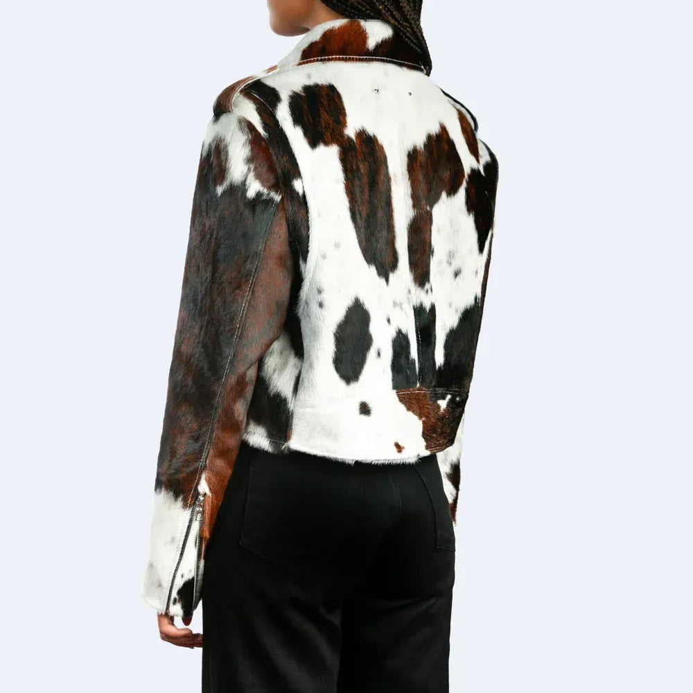 Women Brown and White Cowhide Leather Jacket