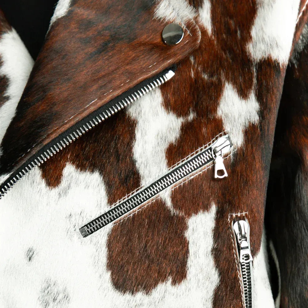 Women Brown and White Cowhide Leather Jacket