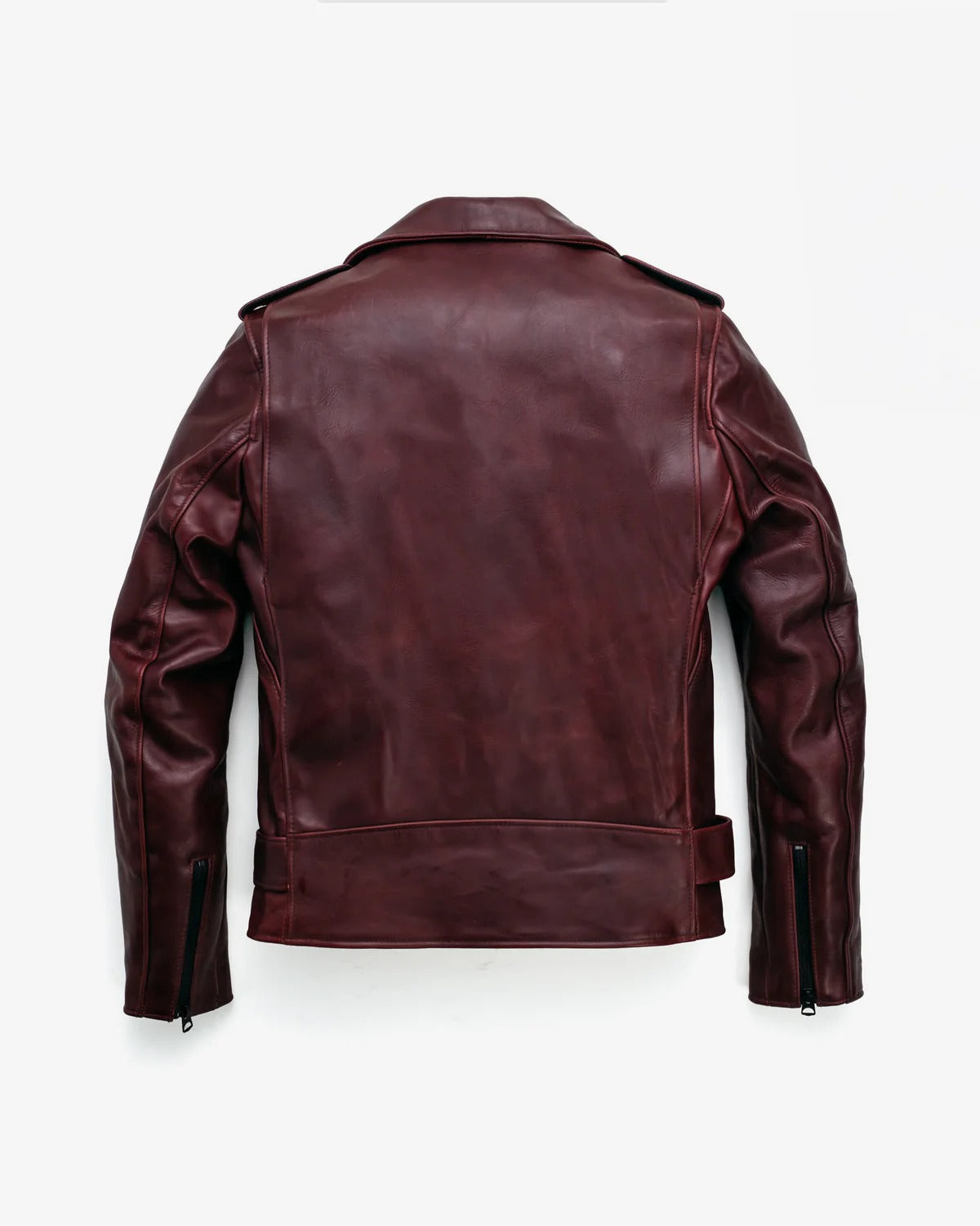 back view of leather jacket on a white background