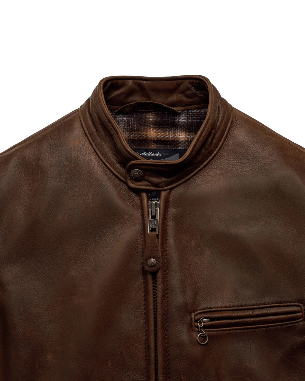 Brown leather jacket with plaid lining on a white background