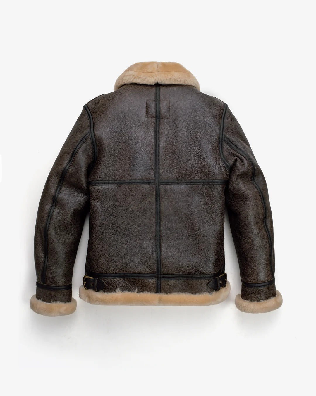 Brown leather jacket with fur trim on a white background