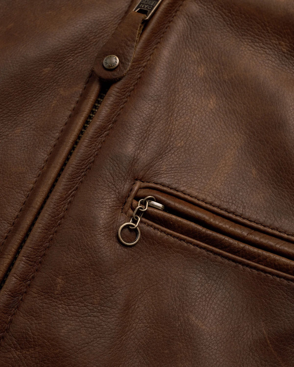 Close-up of a brown leather jacket with zipper details