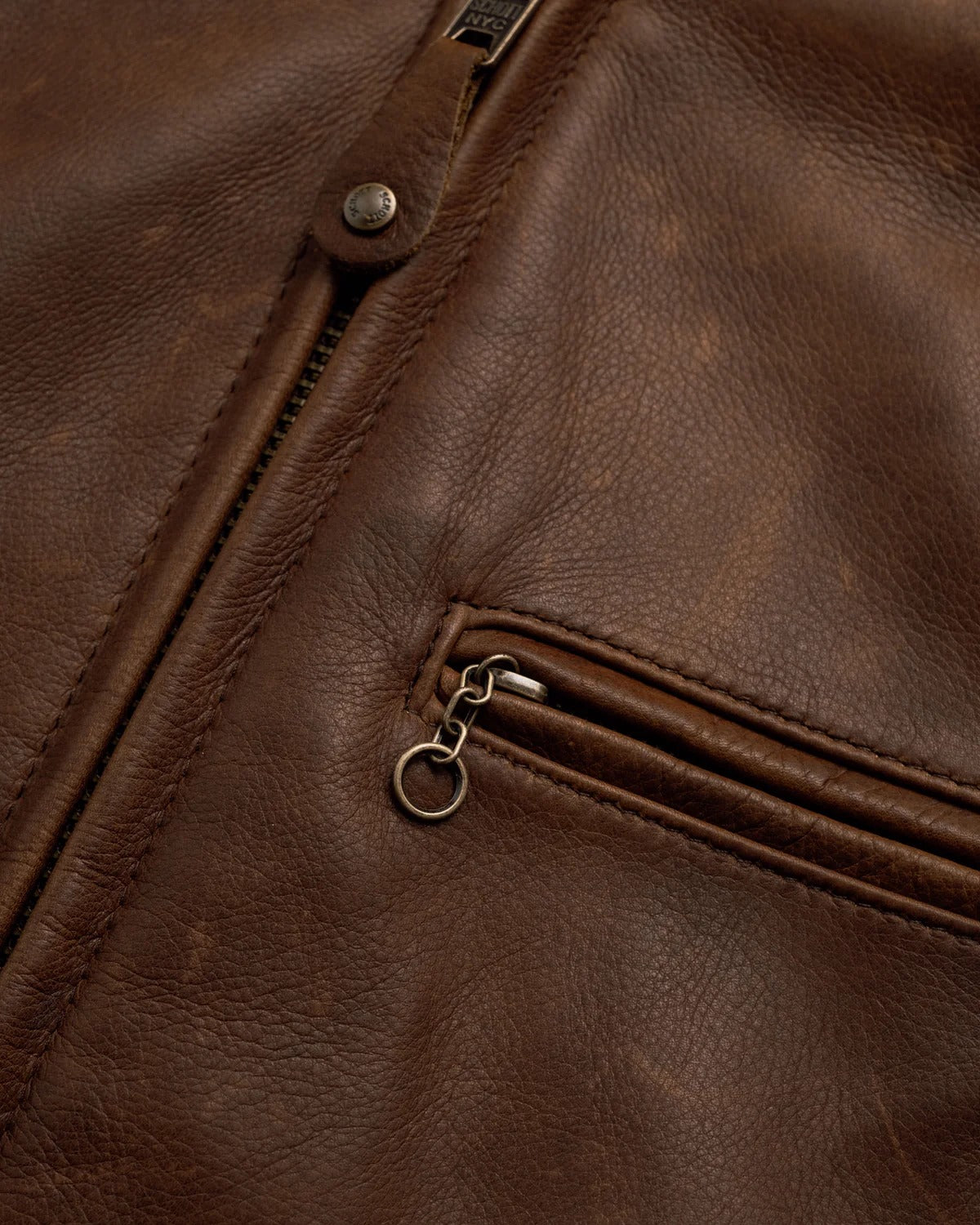 Close-up of a brown leather jacket with zipper details