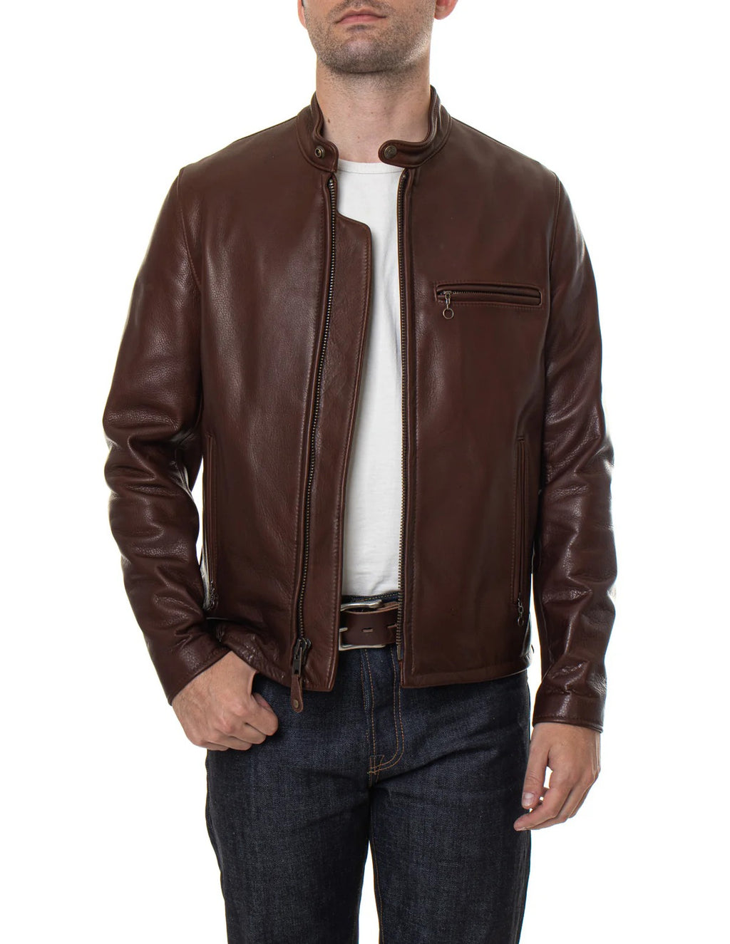 Man wearing a brown leather jacket on a white background
