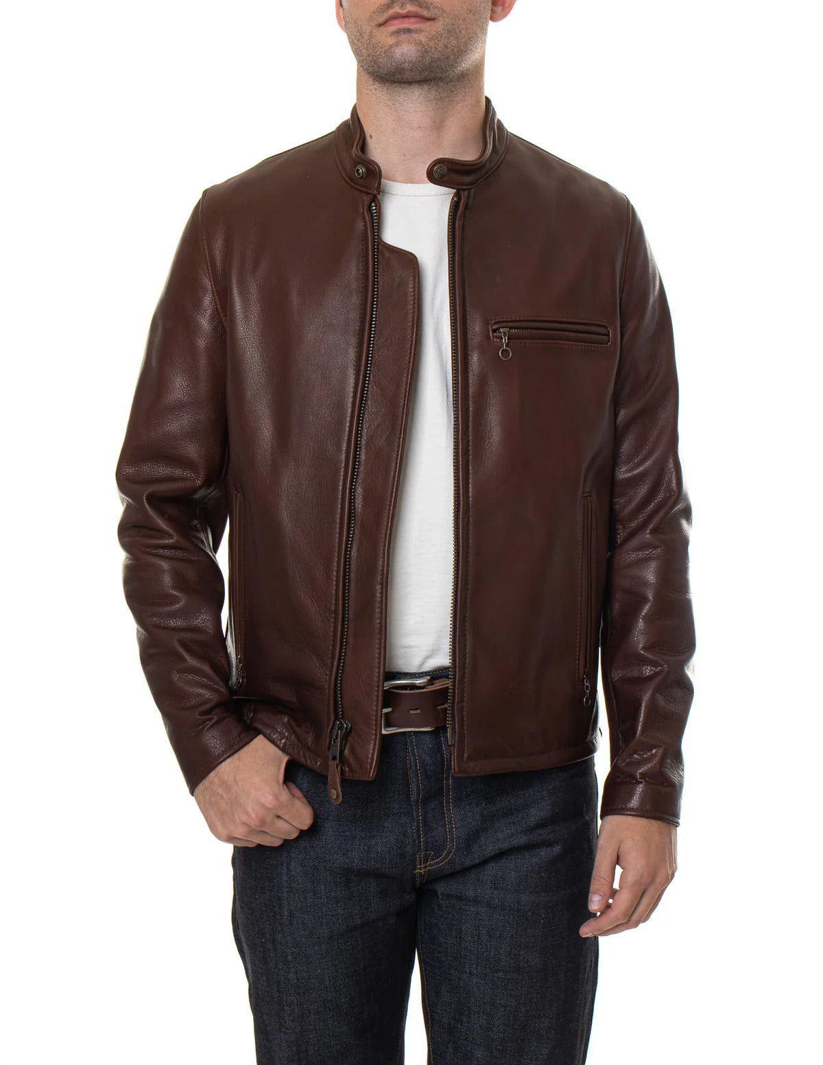 Man wearing a brown leather jacket on a white background