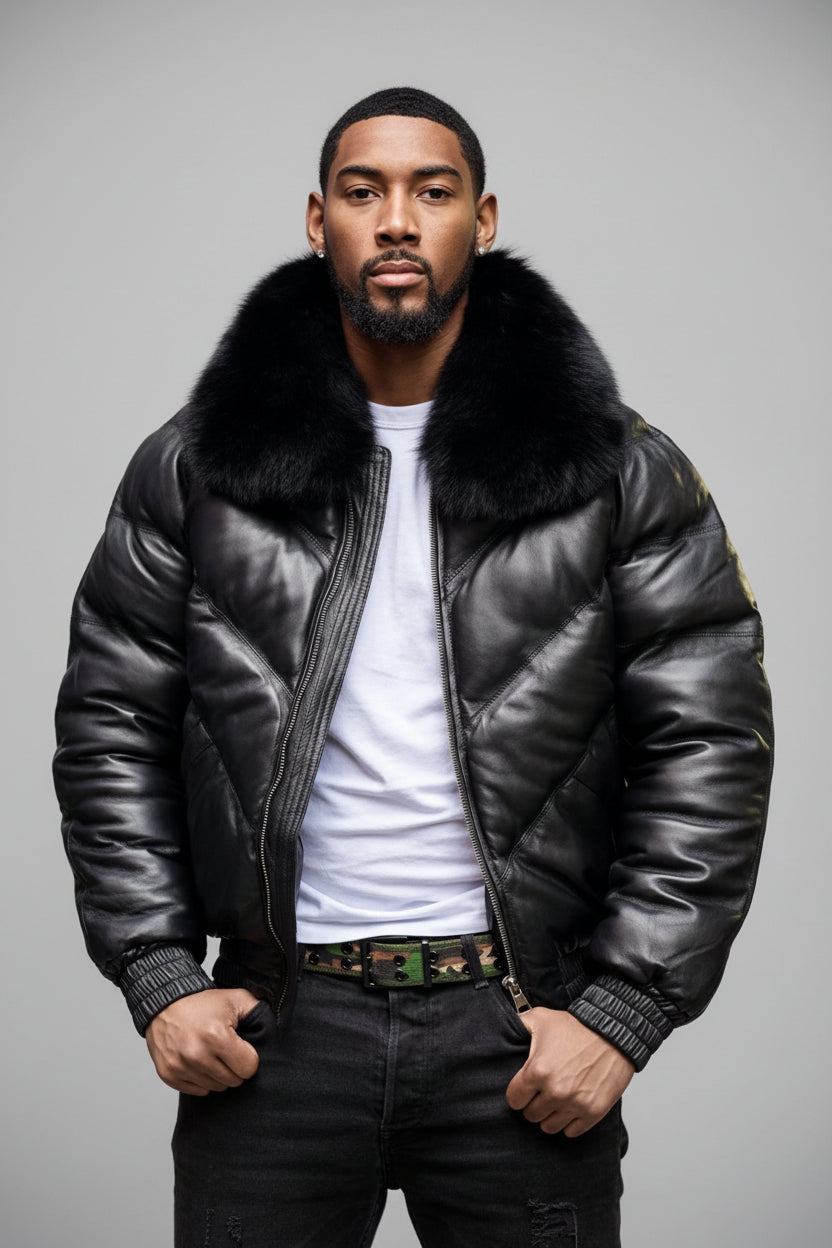 Man wearing a black goose country leather jacket with fox fur collar