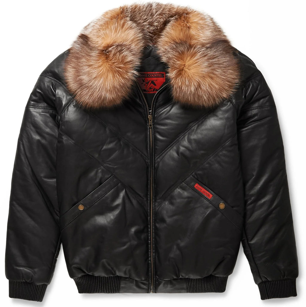 Black leather jacket with fur collar on a white background