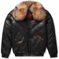 Black leather jacket with fur collar on a white background