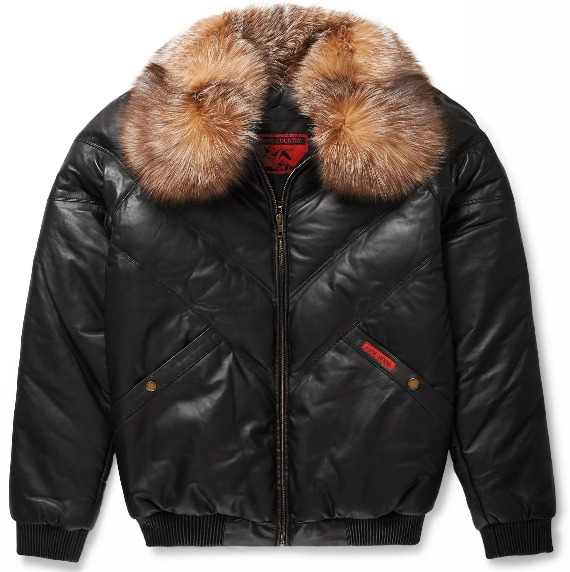 Black leather jacket with fur collar on a white background