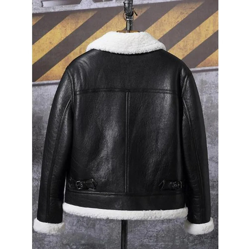 Black leather jacket with white fur lining on a mannequin against a checkered floor background