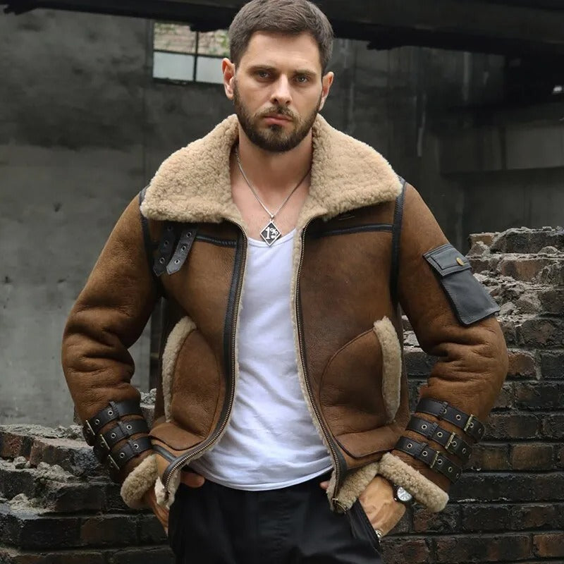 Men standing wearing shearling jacket