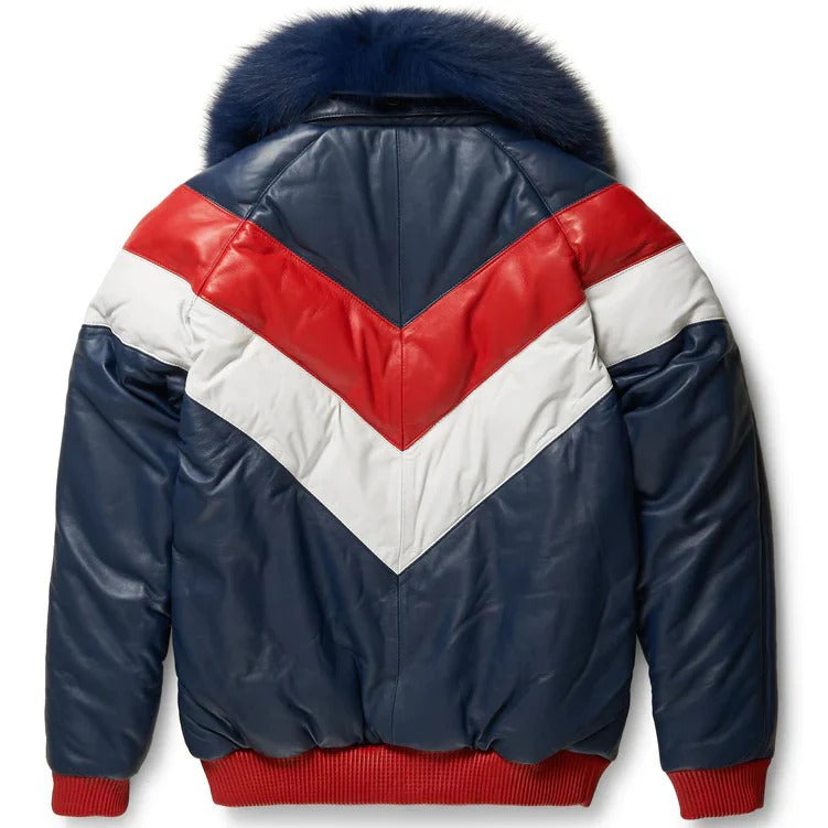 Color-blocked puffer jacket with fur-lined hood on a white background