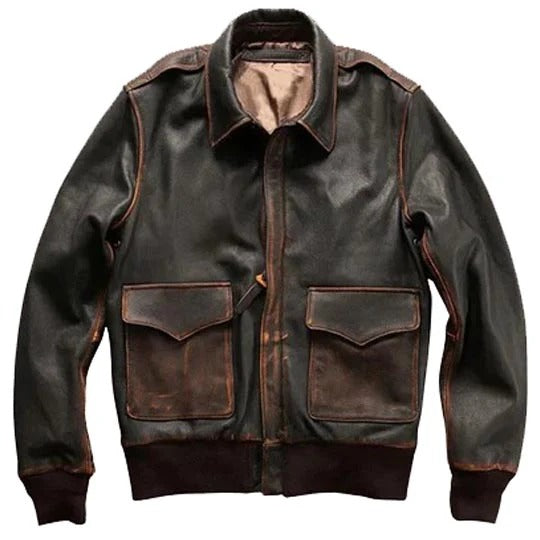 Brown leather jacket with two front pockets on a white background