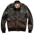 Brown leather jacket with two front pockets on a white background