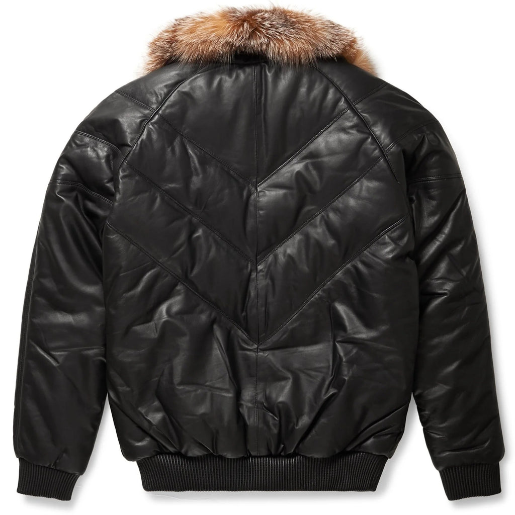 Black leather jacket with fur collar on a white background