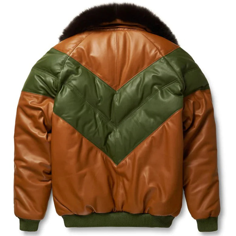 Brown and green leather jacket with fur lining on a white background