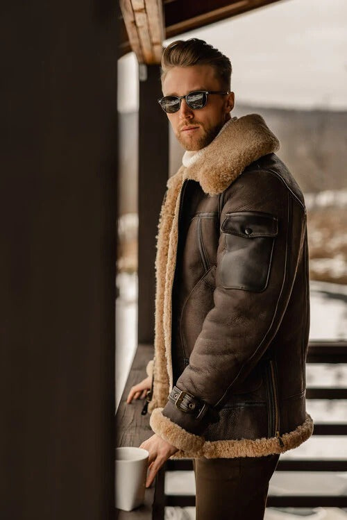 Men's Brown Flying Aviator Shearling Leather Semi Long Coat