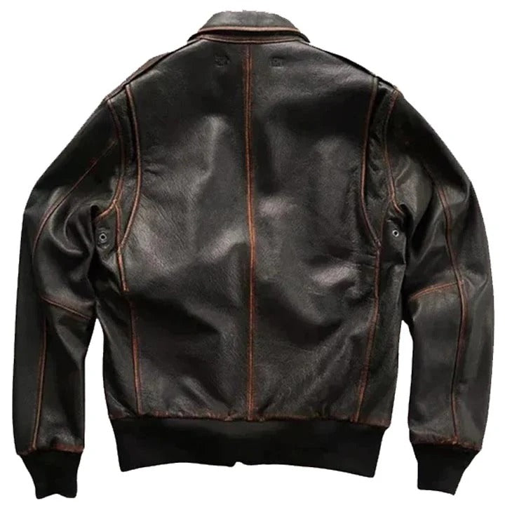 Dark brown leather jacket on a white background