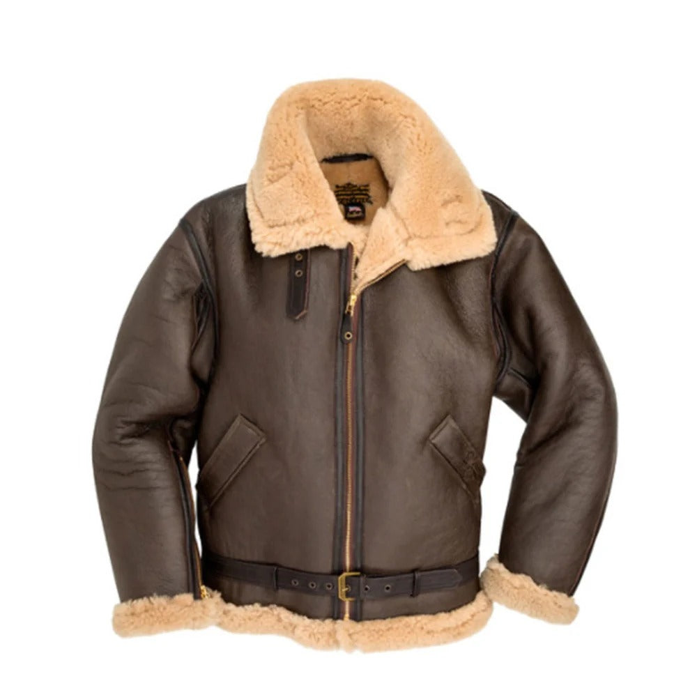 Brown leather jacket with beige fur collar and cuffs on a white background