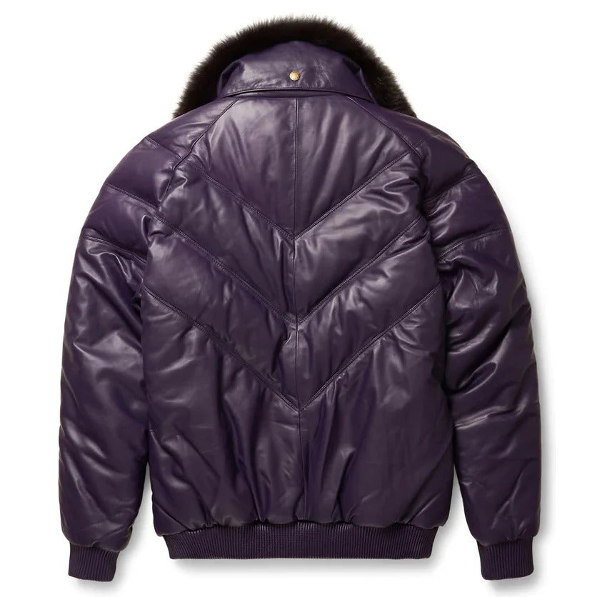 Purple quilted jacket with fur-lined hood on a white background