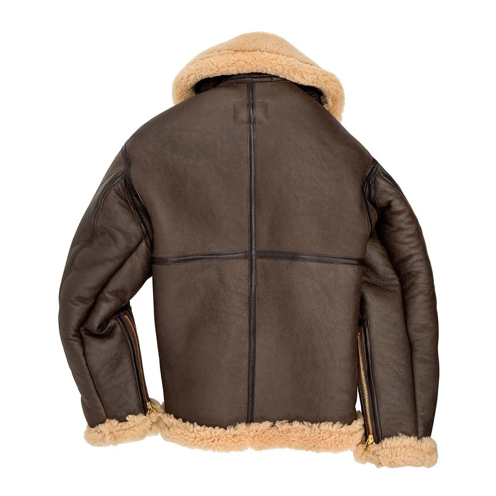 Brown leather jacket with beige fur lining on a white background