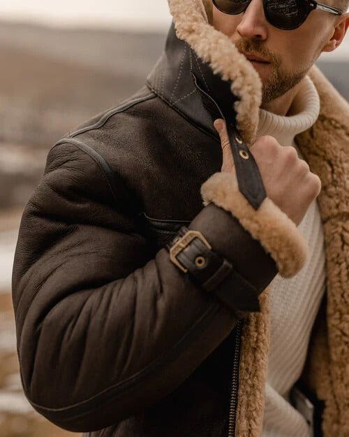 Soft genuine shearling wool interior of men's brown aviator sheepskin coat