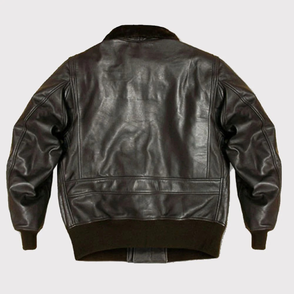 Back view of a black leather jacket on a white background