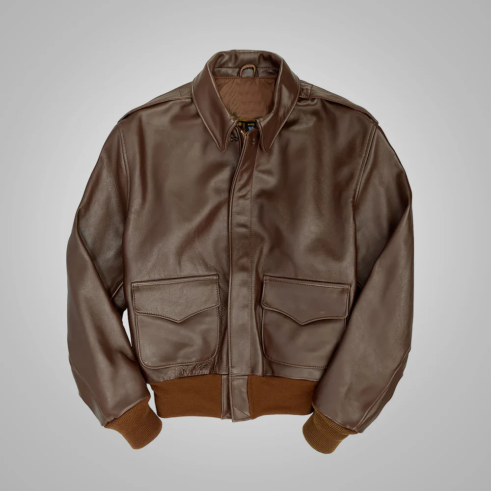 Brown leather jacket on a light gray background
