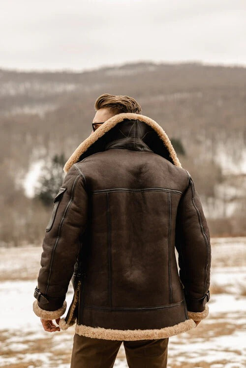 Back view of men's brown sheepskin aviator semi-long coat showing mid-thigh length