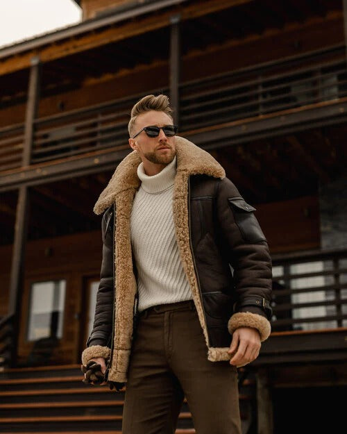 Men's Brown Flying Aviator Shearling Leather Semi Long Coat