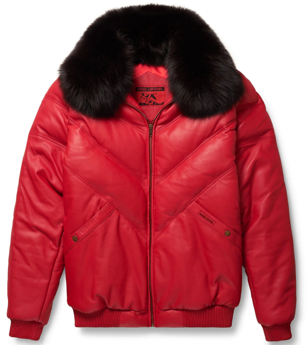 Men's Red Leather Goose Bomber Jacket