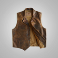 Brown leather vest on a light gray background