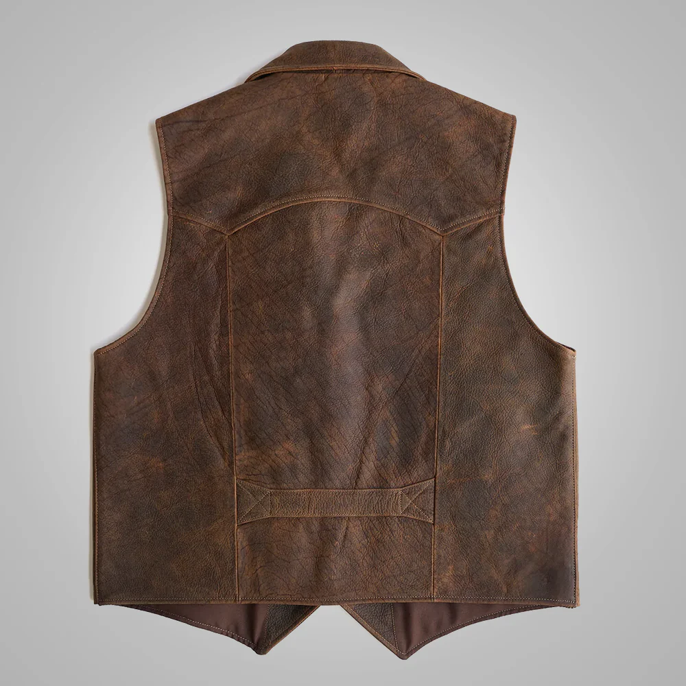 Brown leather vest on a light gray background