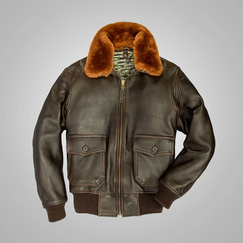 Brown leather jacket with fur collar on a gray background
